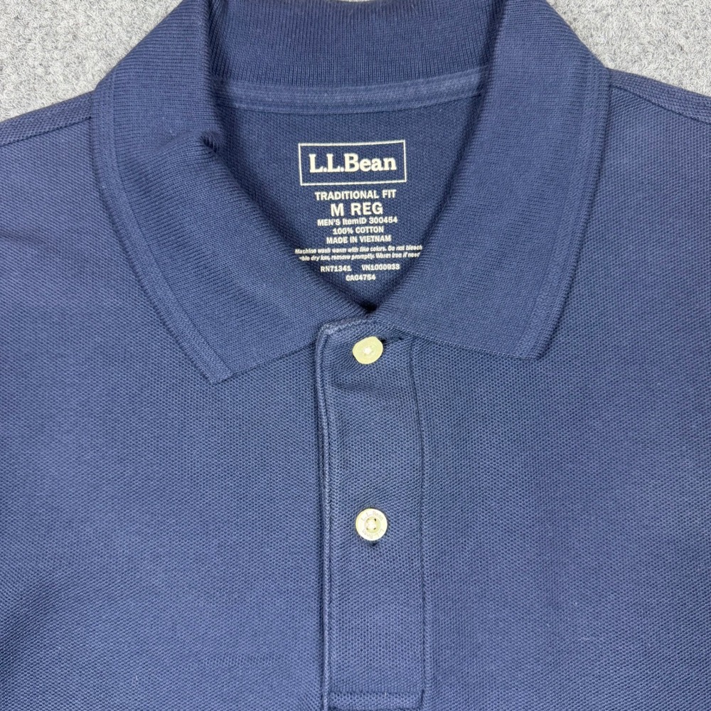 LL Bean Mens Navy Blue Cotton Pique Short Sleeve Polo Shirt Medium Reg